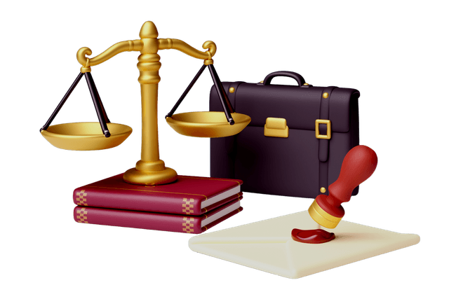 Scales of justice, law books, a briefcase, and a wax-sealed document
