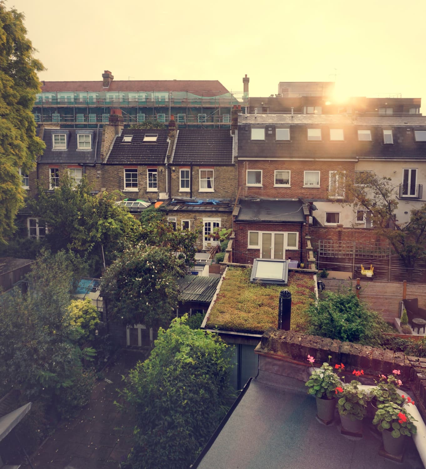 A home exterior at golden hour